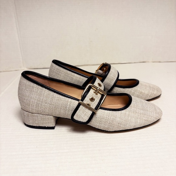 NWOB J. Crew Teagan Mary Jane Heels in Spanish Canvas Cream & Black - Picture 4 of 10